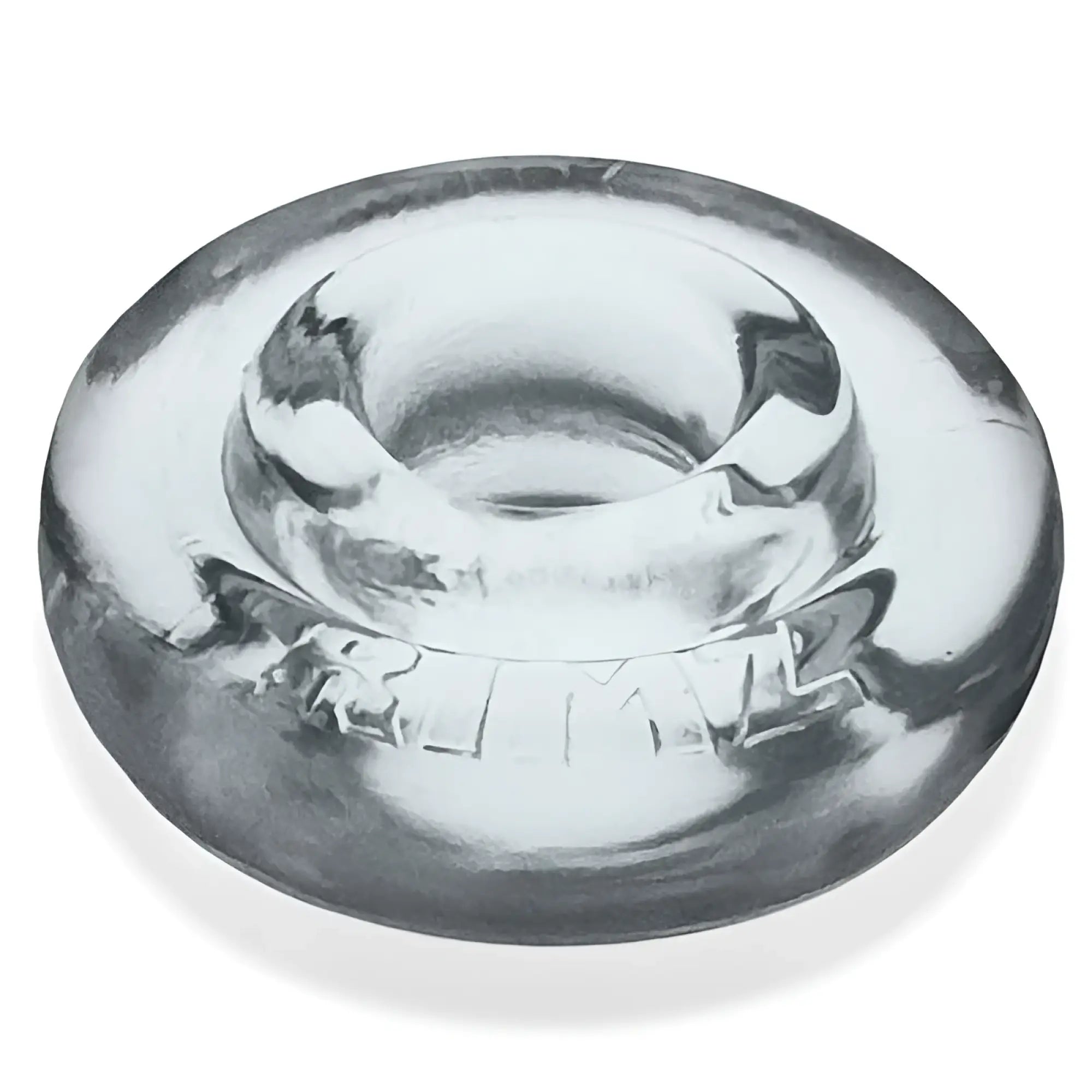 Clear glass ashtray with central circular depression and embossed lettering featured in oxballs rimz big ring clear