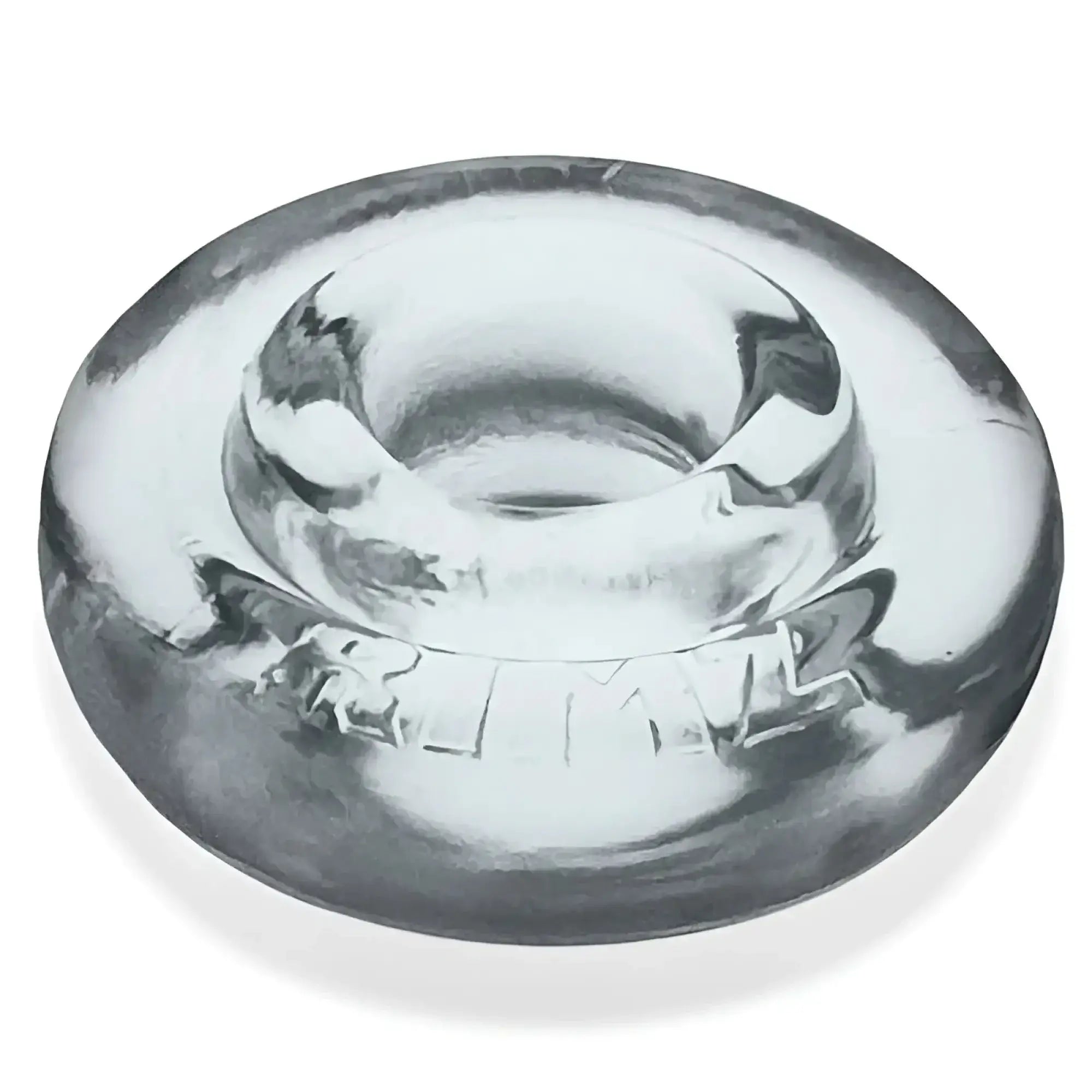 Clear glass ashtray with central circular depression and embossed lettering featured in oxballs rimz big ring clear