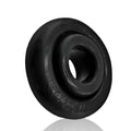 Black rubber OxBalls Rimz Ring with central hole and engraved markings on outer rim in one size