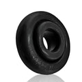 Black rubber OxBalls Rimz Ring with central hole and engraved markings on outer rim in one size