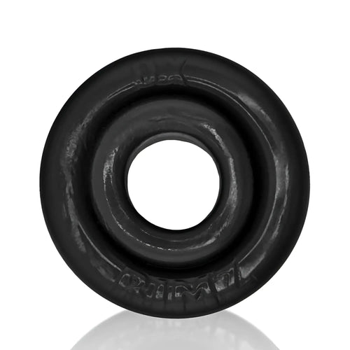 Black silicone oxballs rimz ring featuring embossed branding in one size for comfortable wear