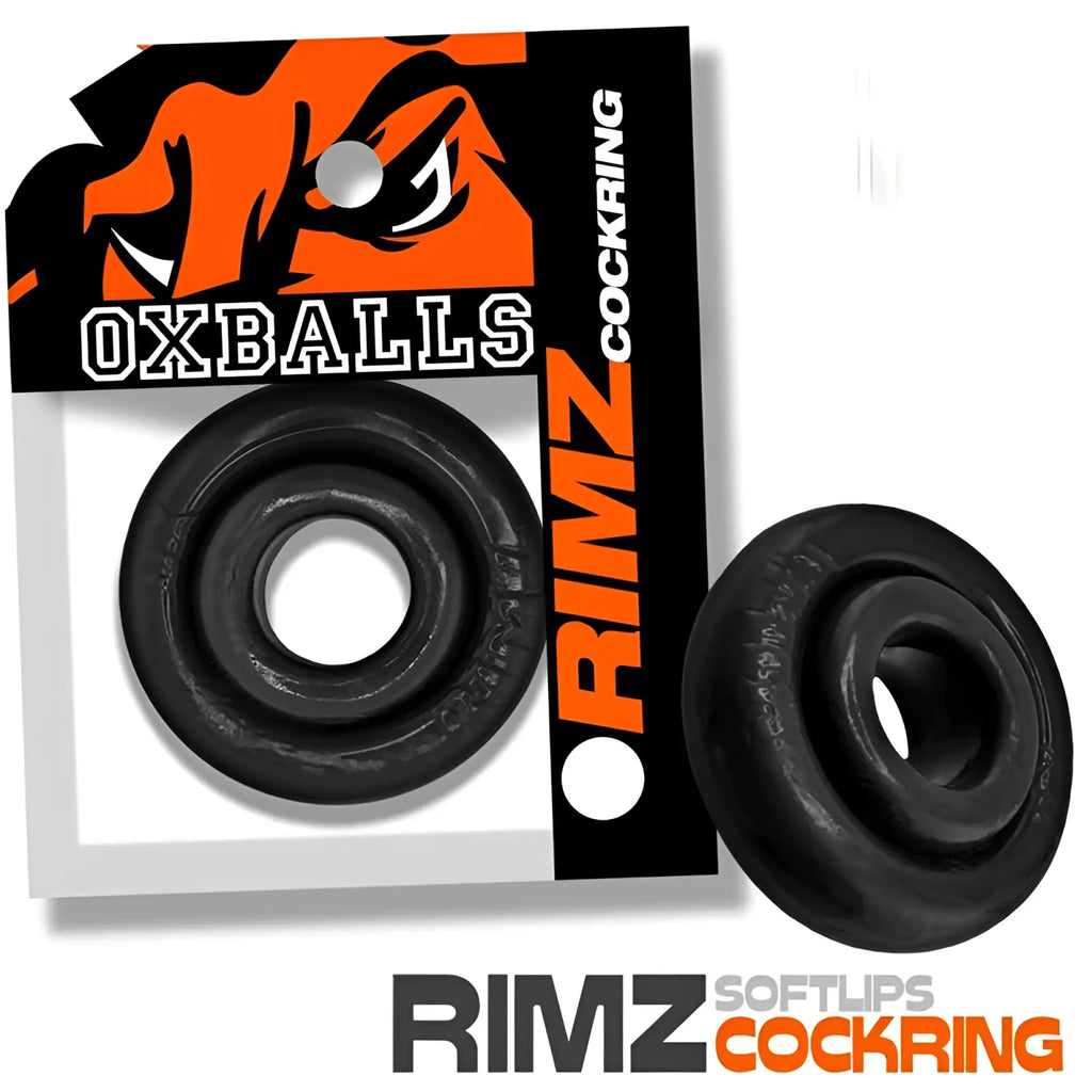 Black silicone rimz cockring by oxballs with soft lips and textured outer surface one size