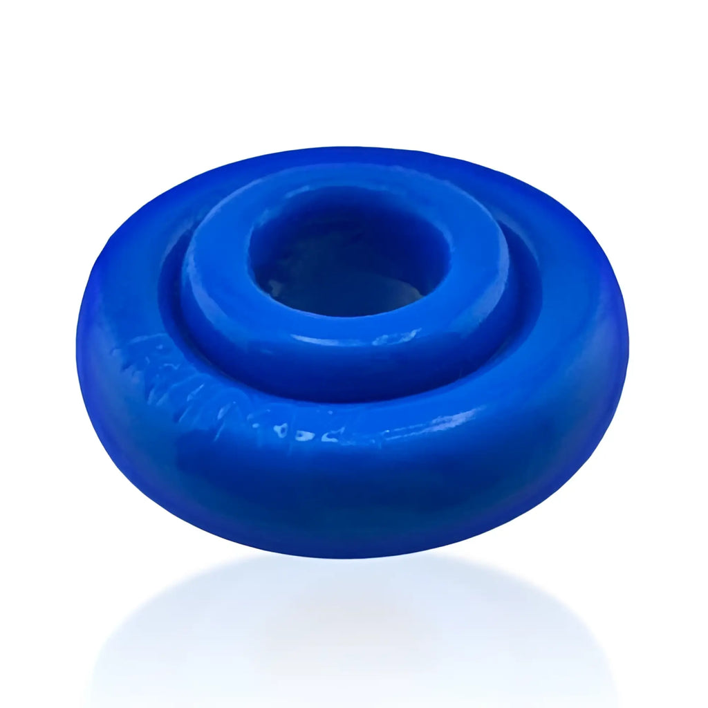 Bright blue glossy rubber oxballs rimz ring with central hole and concentric ridges one size