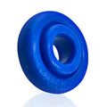 Bright blue glossy silicone OxBalls Rimz ring with central hole and embossed text around outer edge one size fits all