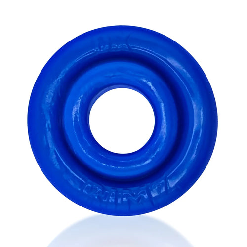 Bright blue glossy silicone ring with concentric ridges and embossed text OxBalls Rimz Ring blue one size