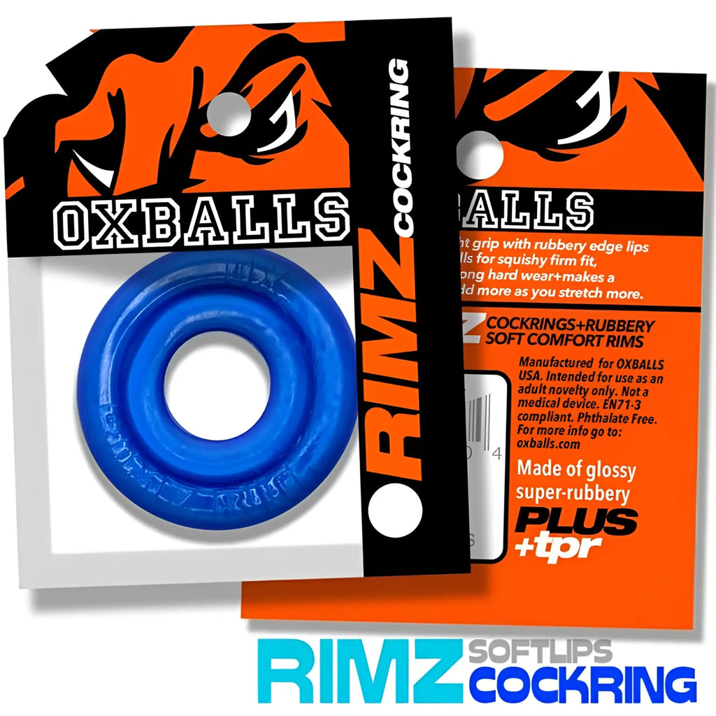 Blue glossy super-rubber oxballs rimz cockring with rubbery edge lips in one size for enhanced comfort and fit