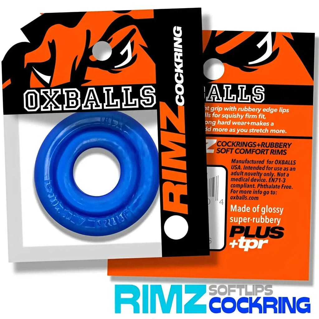 Blue glossy super-rubber oxballs rimz cockring with rubbery edge lips in one size for enhanced comfort and fit