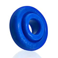 Bright blue glossy silicone OxBalls Rimz ring with central hole and embossed text around outer edge one size fits all