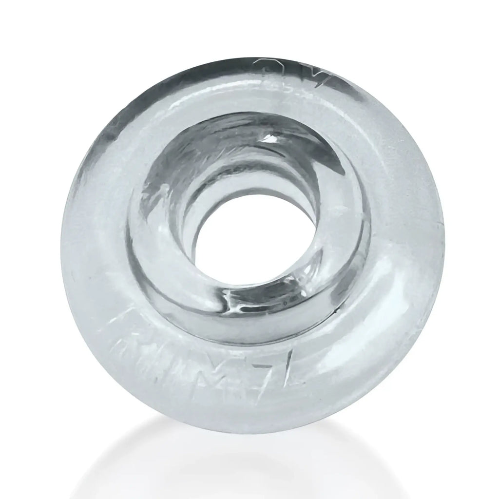 Clear glass donut-shaped oxballs rimz ring with central hole and embossed markings in one size