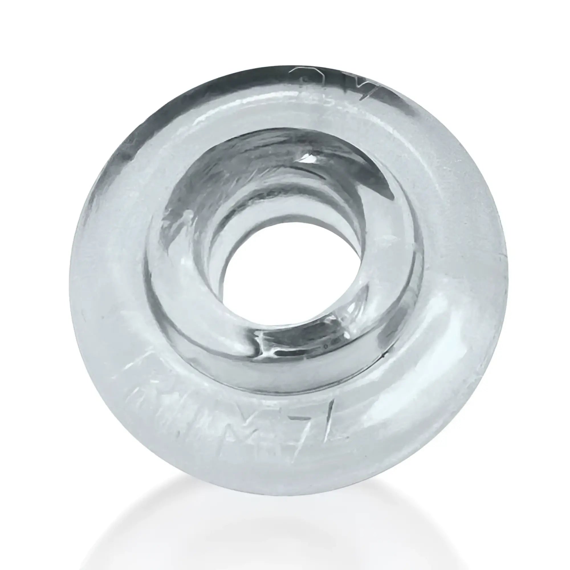 Clear glass donut-shaped oxballs rimz ring with central hole and embossed markings in one size