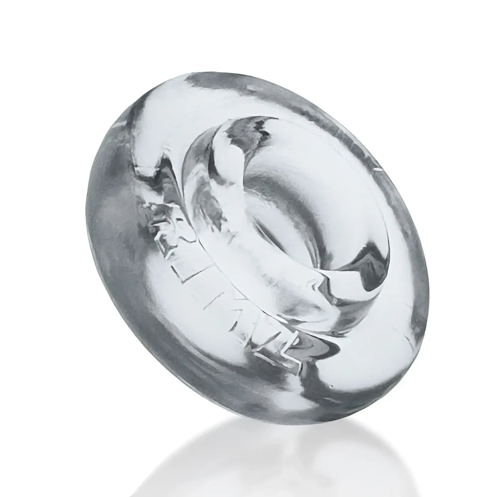 Clear glass oxballs rimz ring with swirling abstract design and subtle engraved markings one size