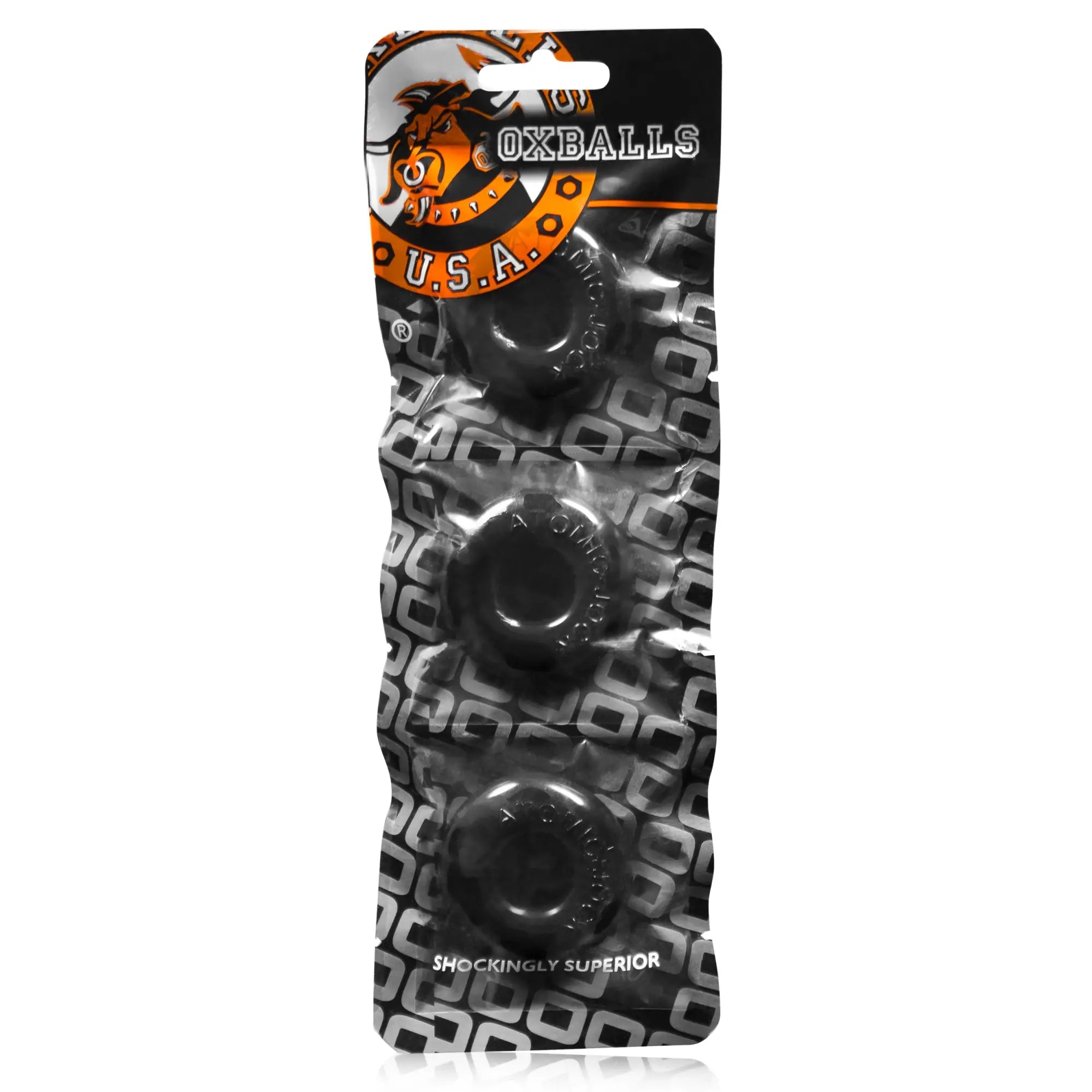 Black oxballs ringer cockring 3 pc set in blister pack with black anal plugs and orange black logo