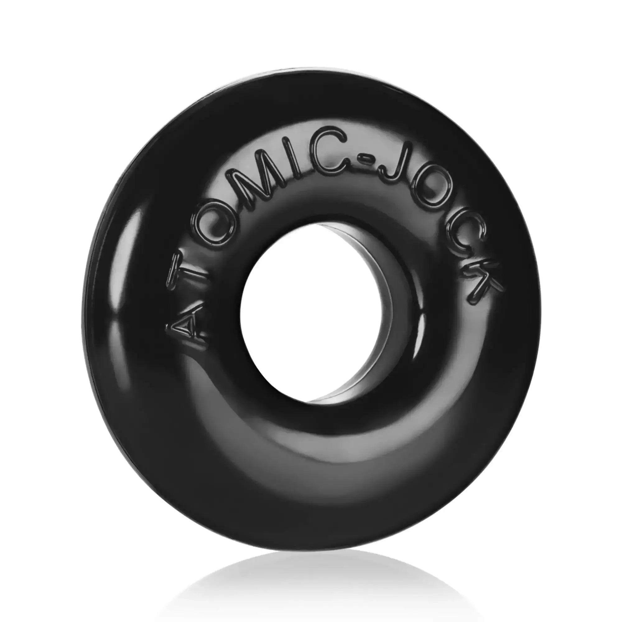 Oxballs ringer cockring 3 pc black glossy rubber donut-shaped ring with atomic-jock embossed on circumference