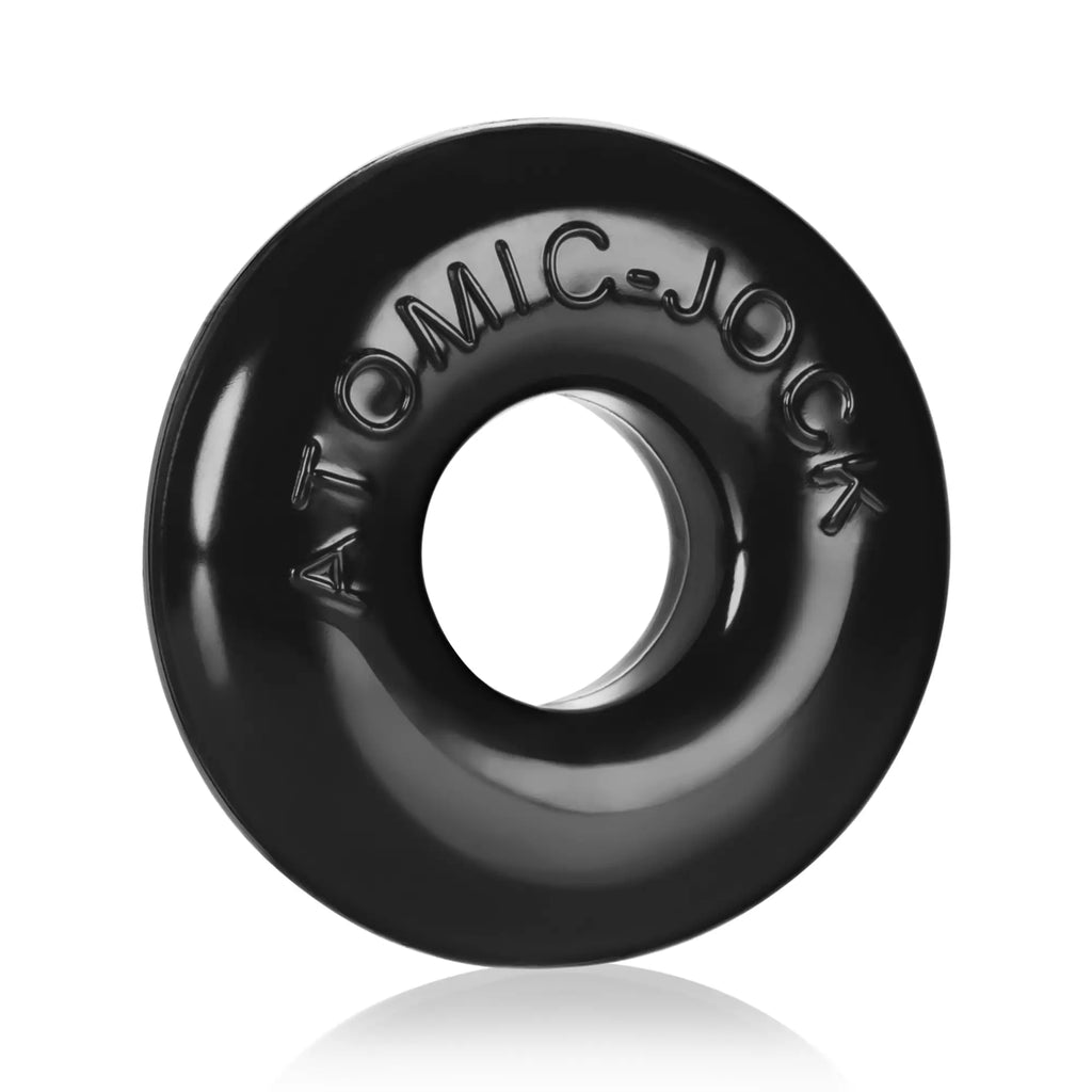 Oxballs ringer cockring 3 pc black glossy rubber donut-shaped ring with atomic-jock embossed on circumference