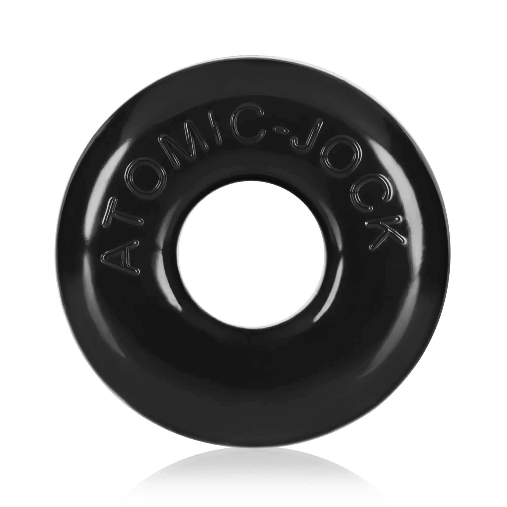Black glossy silicone cockring with atomic jock embossed in raised lettering oxballs ringer 3 pc set