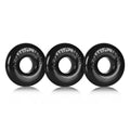 Three black glossy rubber cockrings with atomic jock embossed oxballs ringer cockring 3 pc set for men