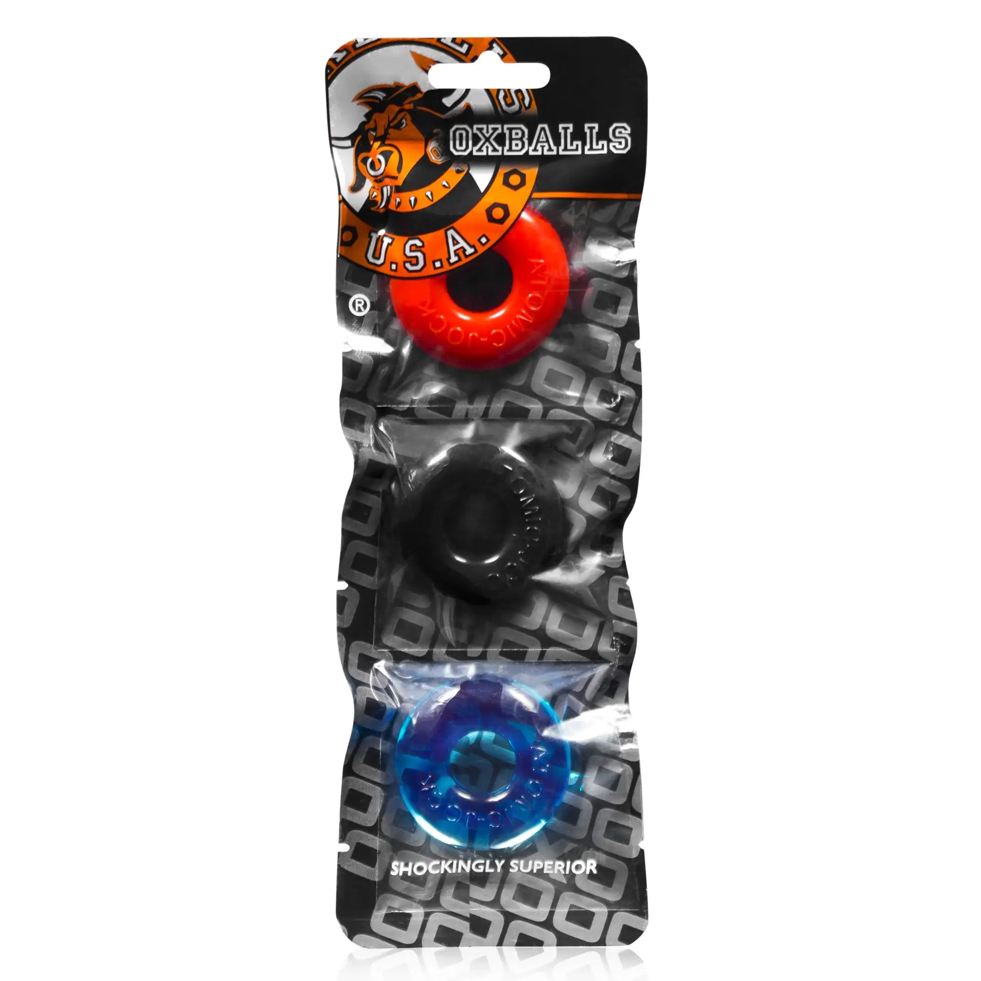 Oxballs ringer cockring 3 pc multicolor in red black and blue silicone packaged for male enhancement