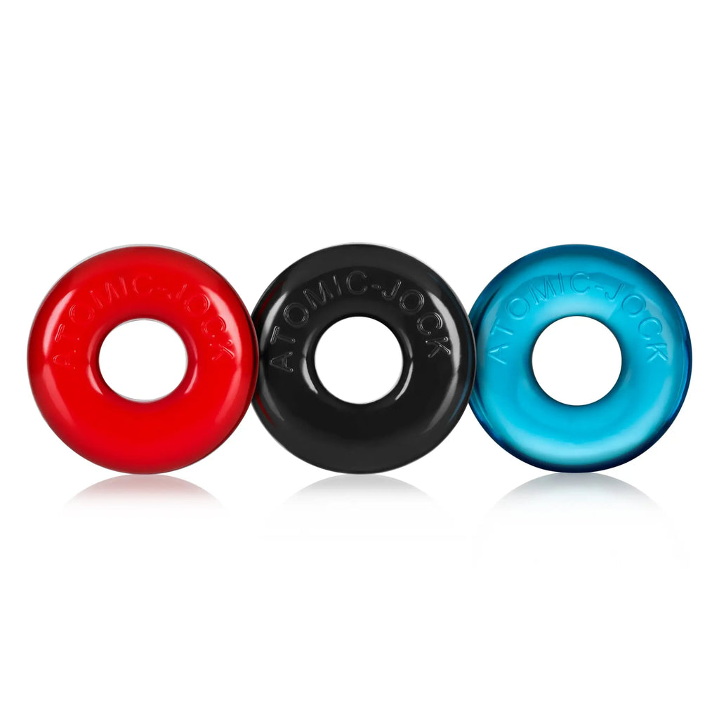 Set of three multicolor oxballs ringer cock rings in red black and blue made of stretchy material for comfort
