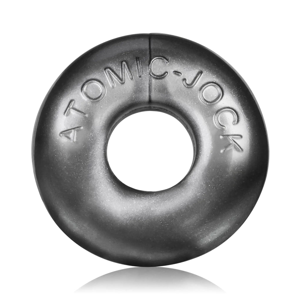 Black matte finished steel oxballs ringer cockring with central hole and embossed branding for intimate use