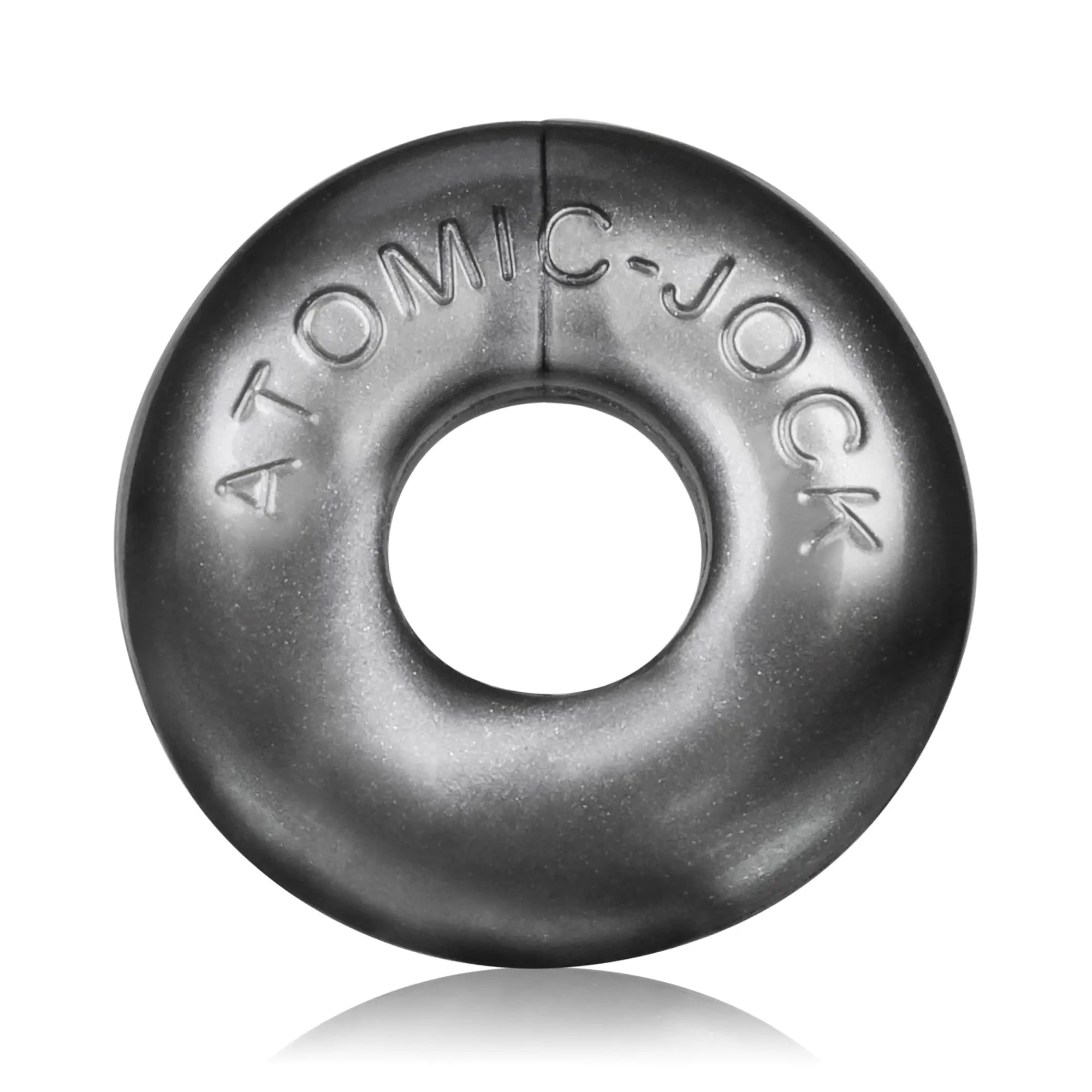 Black matte finished steel oxballs ringer cockring with central hole and embossed branding for intimate use