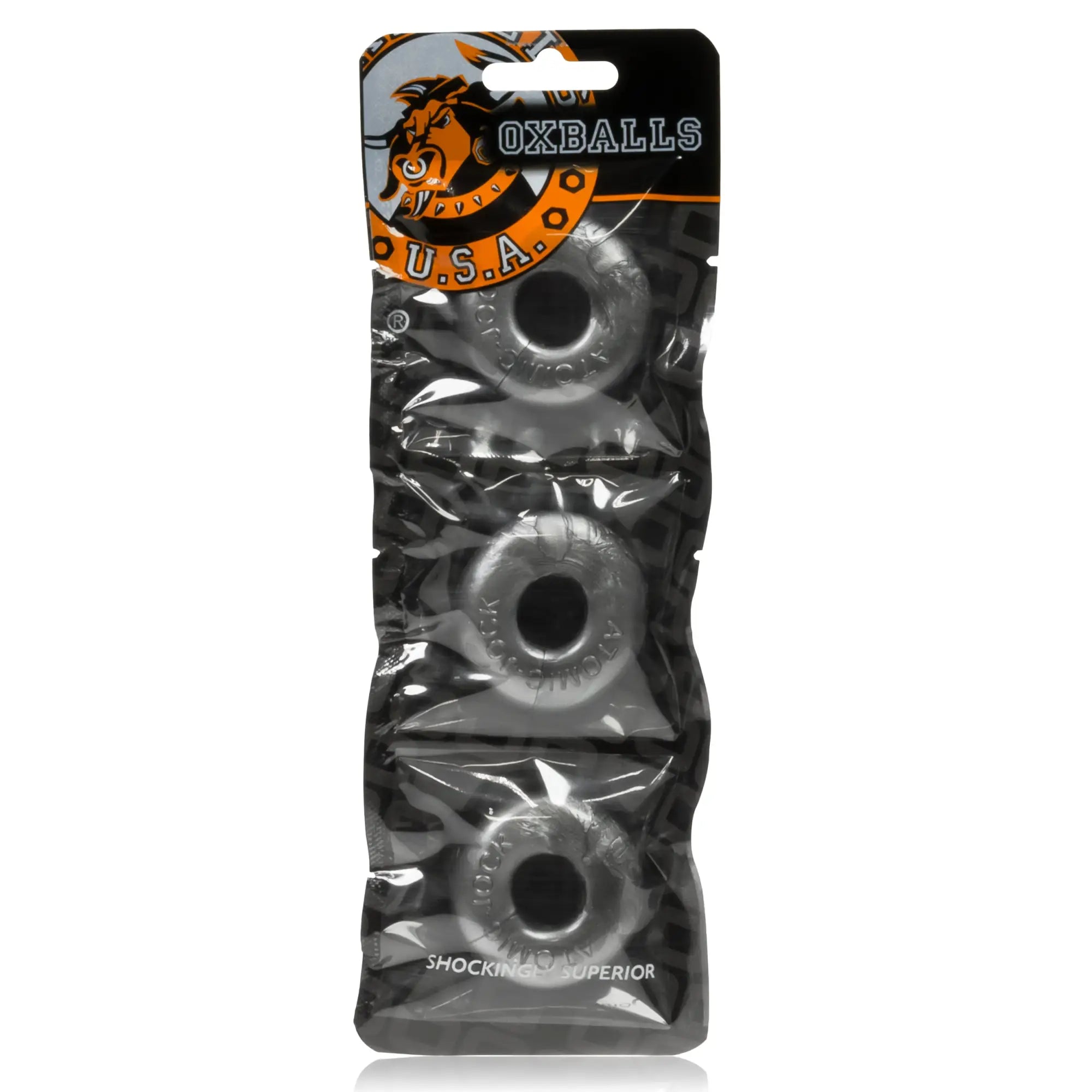 Oxballs ringer cockring 3 pc steel black and orange urethane grip rings in blister pack for enhanced comfort and durability