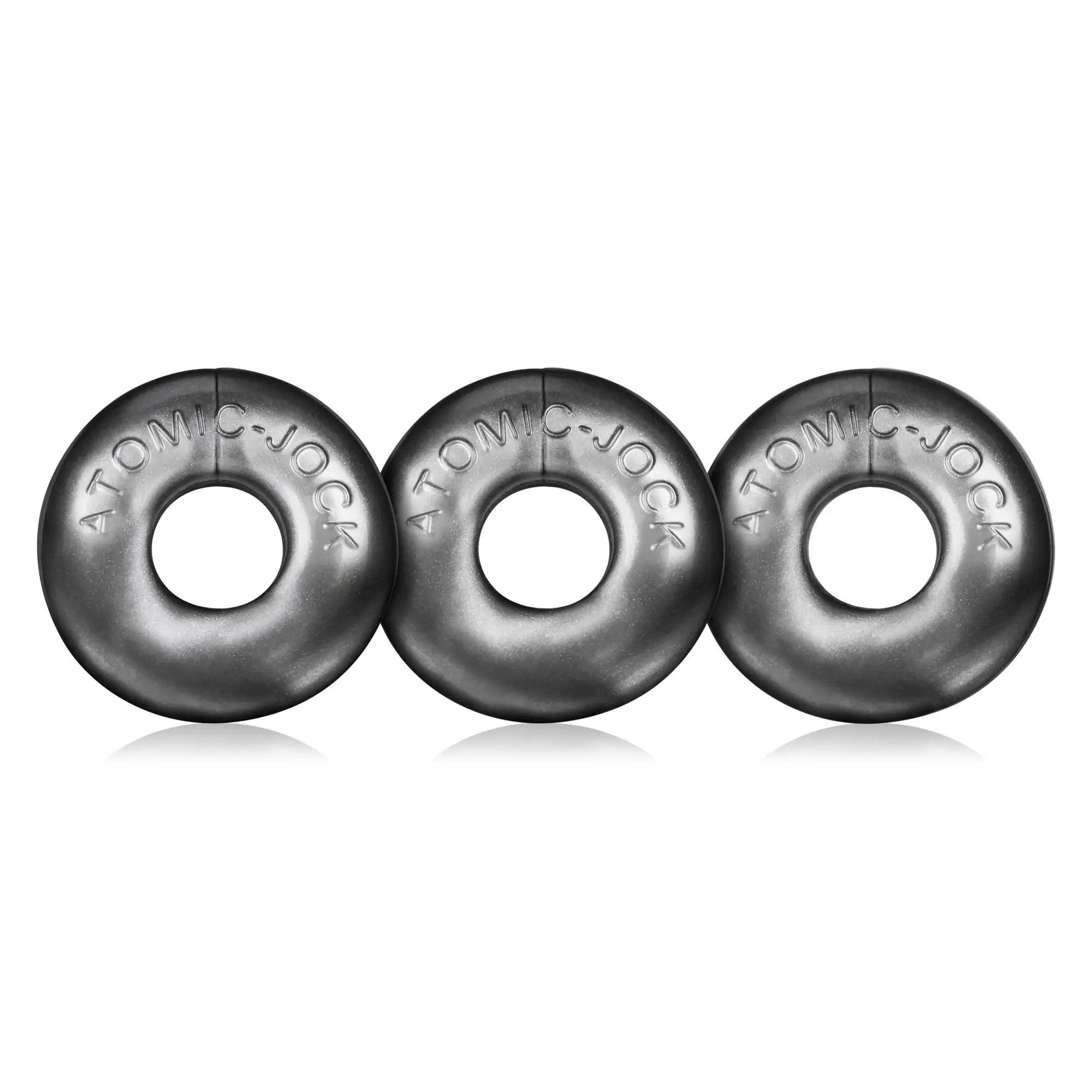 Three black matte-finished steel atomic jock rings in a row from the OxBalls Ringer cockring 3 pc steel set