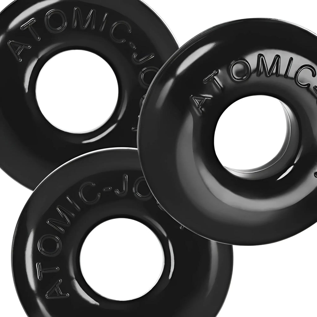 Black glossy atomic-jo oxballs ringer max 3 pc cockring set with embossed branding for enhanced grip