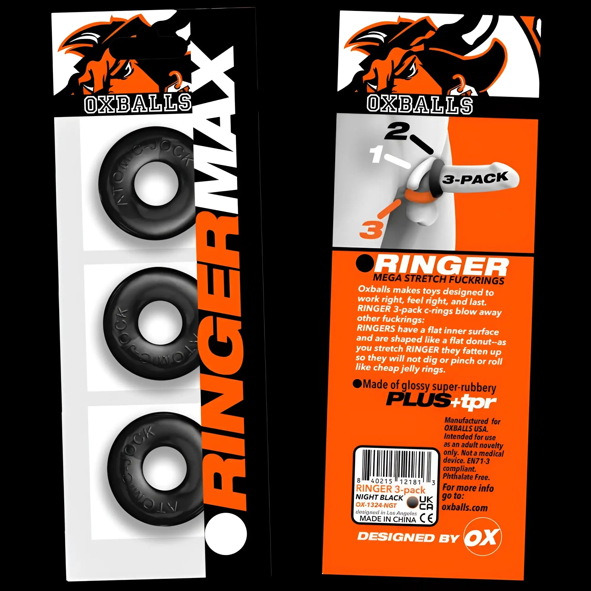 Black glossy super-rubber oxballs ringer max 3 pc cockring set featuring durable flexible c-rings for enhanced performance