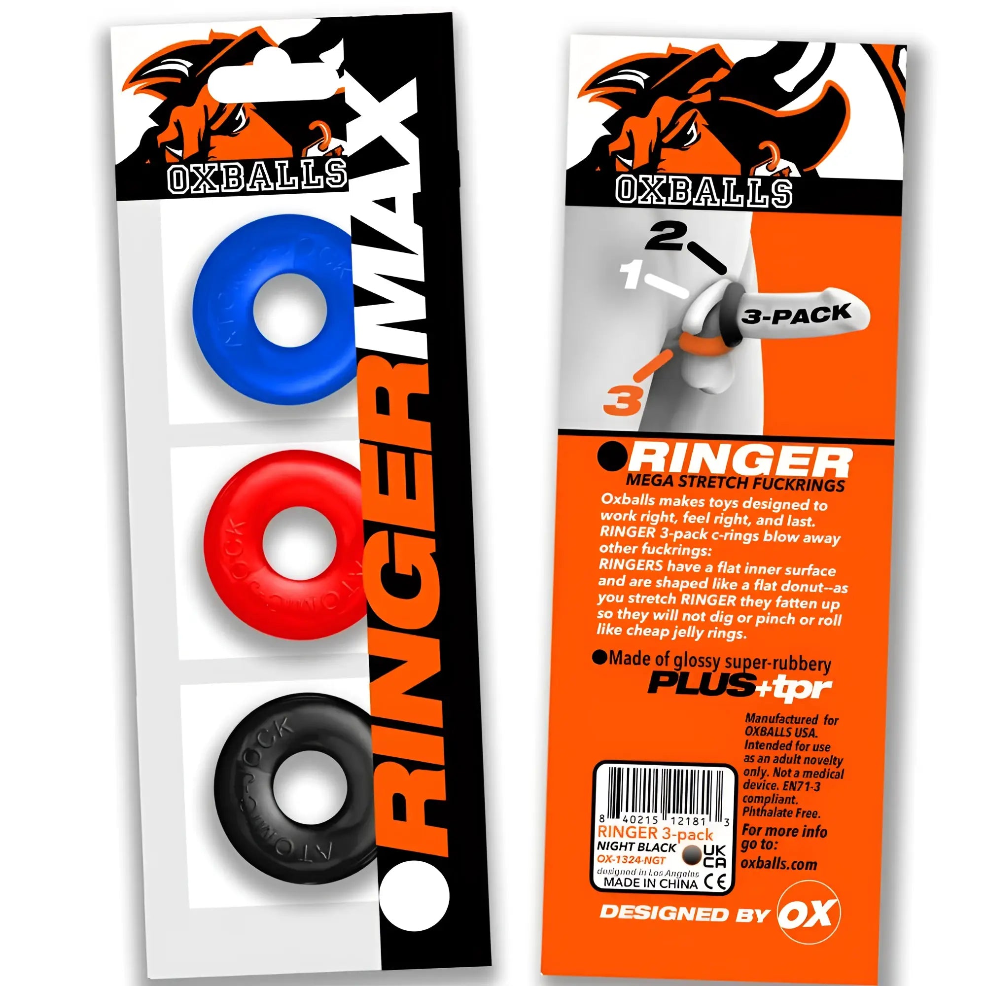 Oxballs ringer max 3 pc multi colour cockring set with blue red and black glossy super tprr e-rings