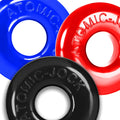 Oxballs ringer max 3 pc multi colour cockring set with brightly colored glossy blue red and black rubber rings embossed atomic-jock