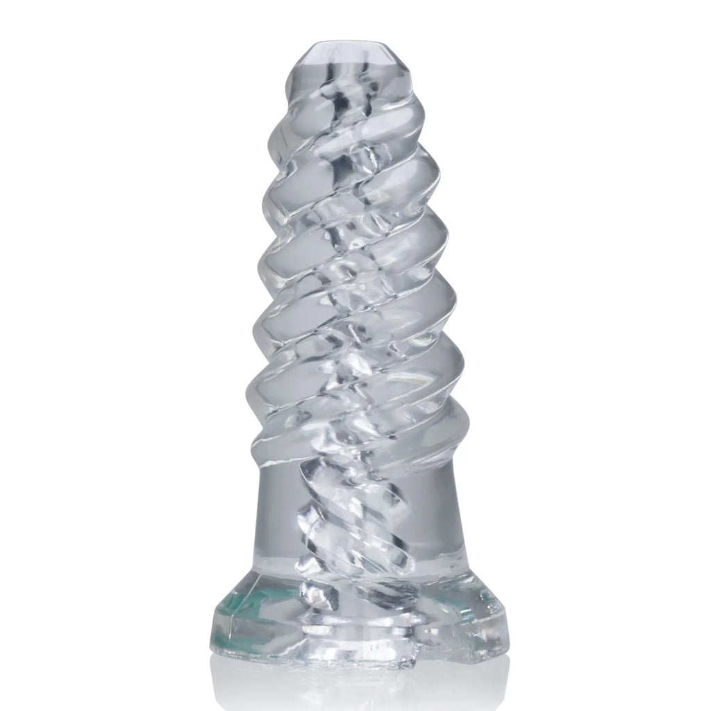 Clear transparent glass dildo with twisted spiral design and faceted base oxballs screwd super squish corkscrew toy