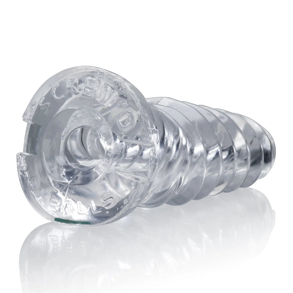 Clear transparent plastic screwdriver-shaped oxballs screwd super squish corkscrew jackoff toy with ribbed texture and embossed text