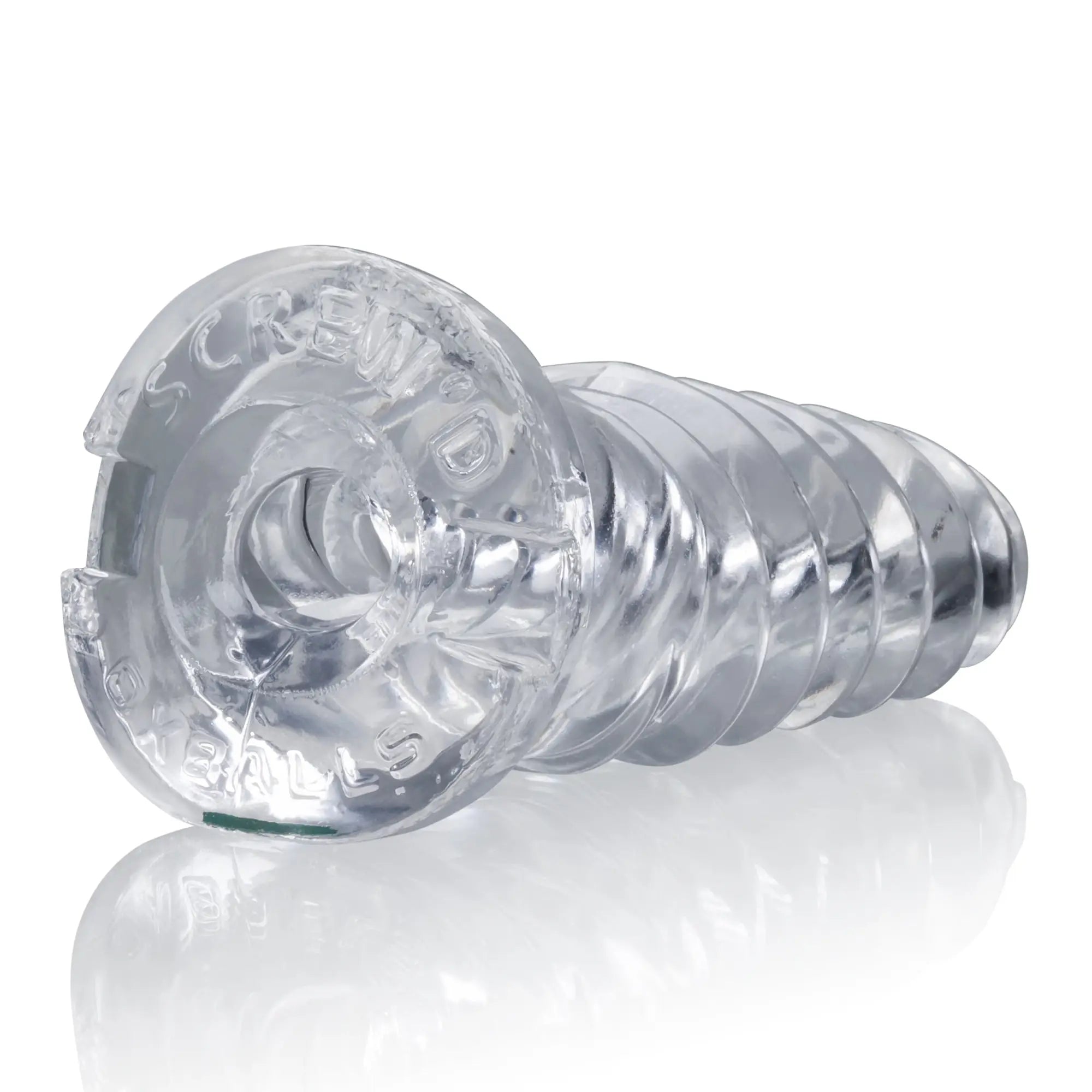 Clear transparent plastic screwdriver-shaped oxballs screwd super squish corkscrew jackoff toy with ribbed texture and embossed text