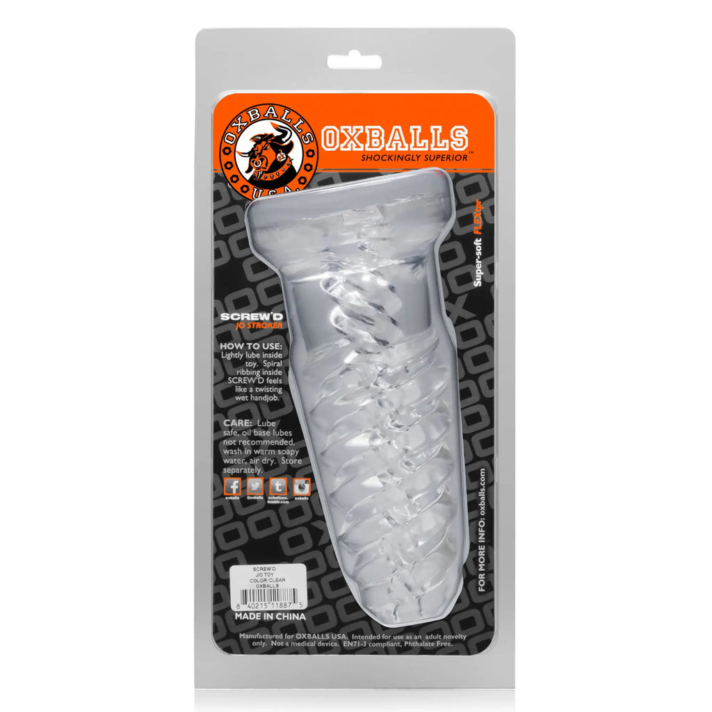 Clear transparent plastic oxballs screwd super squish corkscrew jackoff toy with spiral design and textured surface