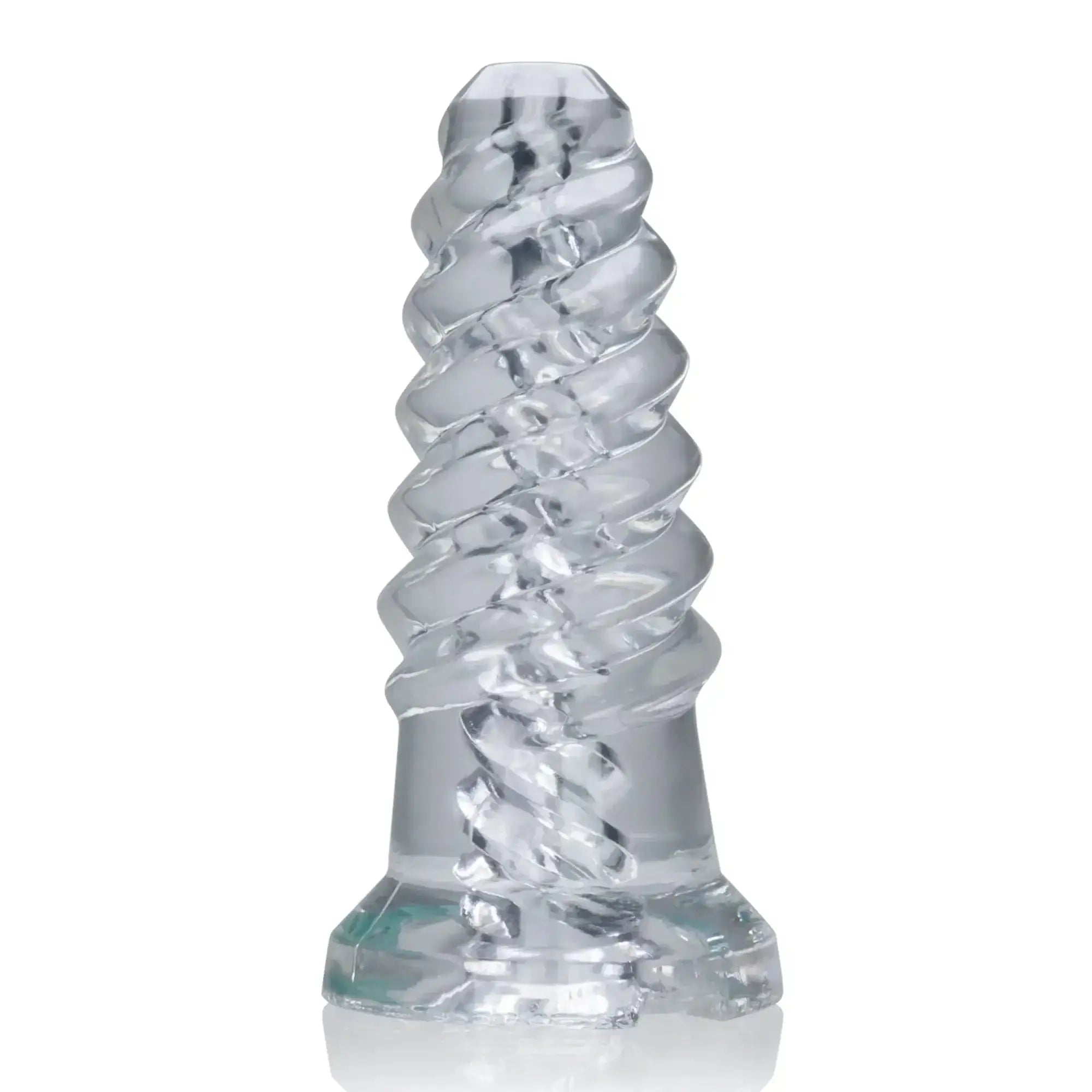 Clear transparent glass dildo with twisted spiral design and faceted base oxballs screwd super squish corkscrew toy