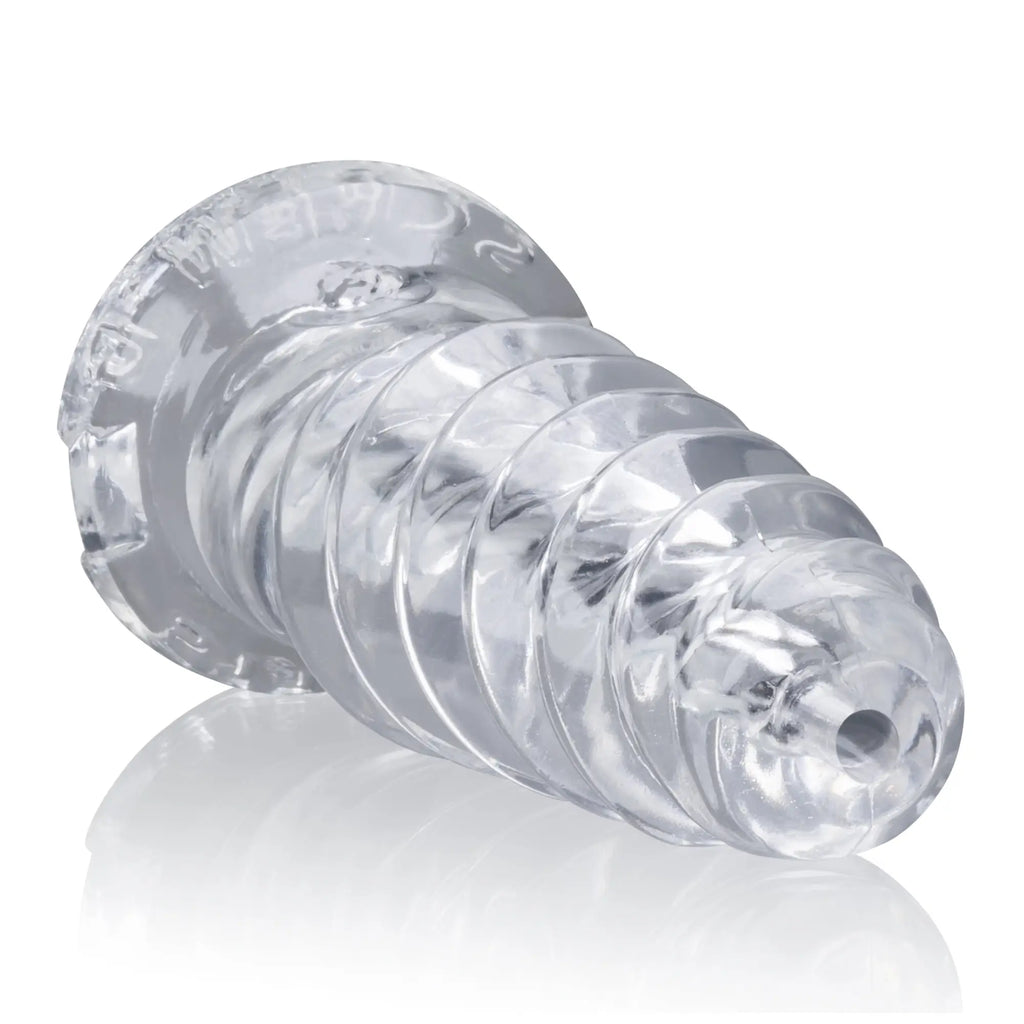 Clear transparent silicone cock ring with spiral design and textured ridges oxballs screwd super squish corkscrew jackoff toy