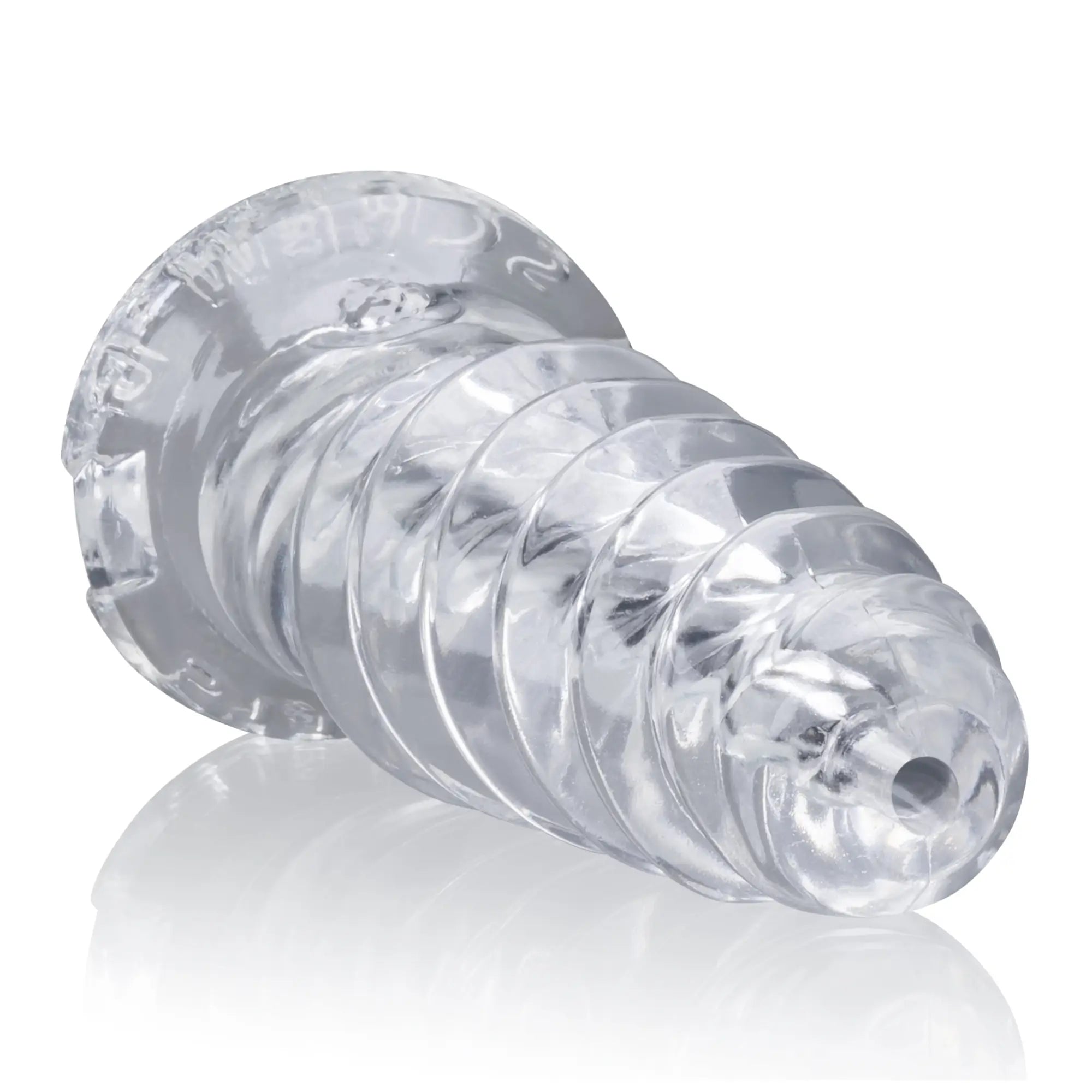 Clear transparent silicone cock ring with spiral design and textured ridges oxballs screwd super squish corkscrew jackoff toy