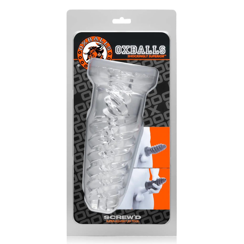Clear transparent silicone screw shaped toy with spiral design and textured grip oxballs screwd super squish corkscrew