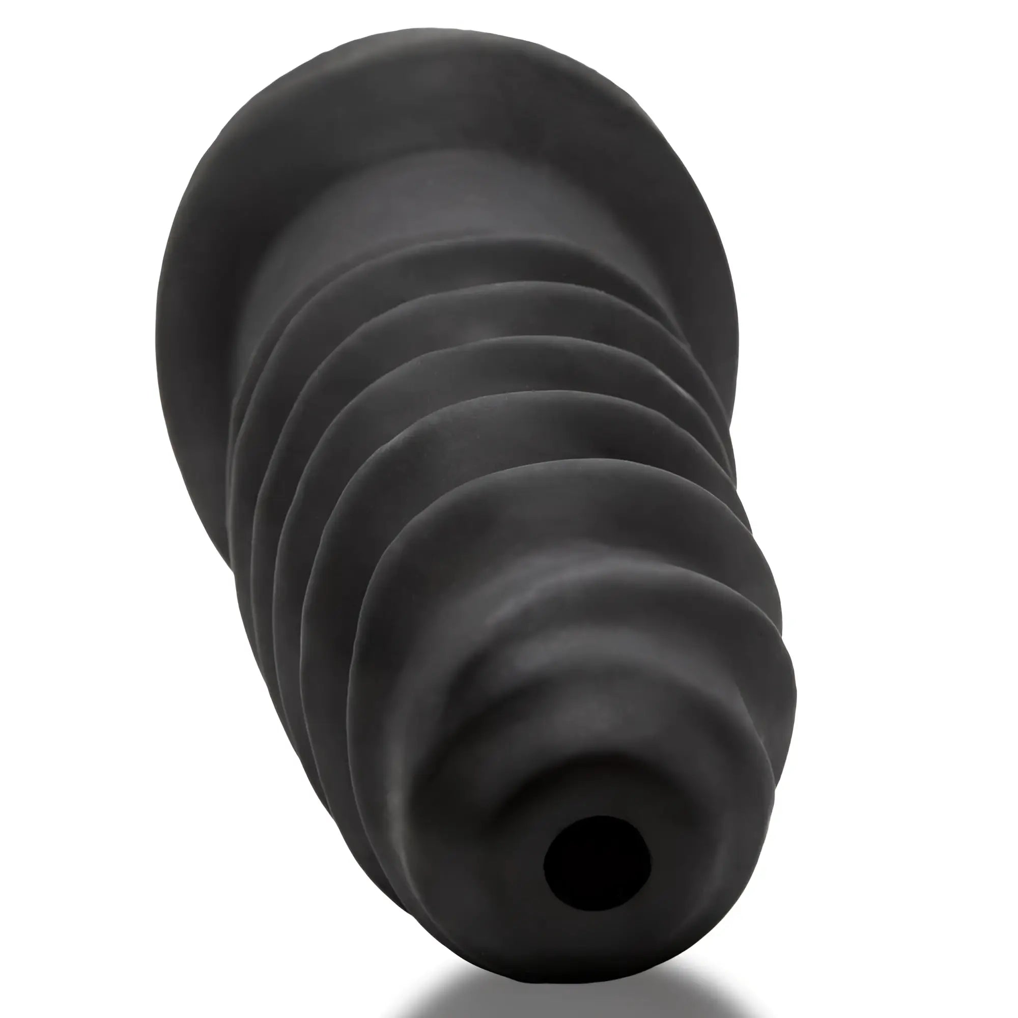 Black silicone anal plug with ribbed texture and tapered design from oxballs screwdhole screwd-in open tip masturbator night