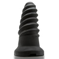 Black spiral-textured silicone anal plug with flared base from oxballs screwdhole screwd-in open tip masturbator night