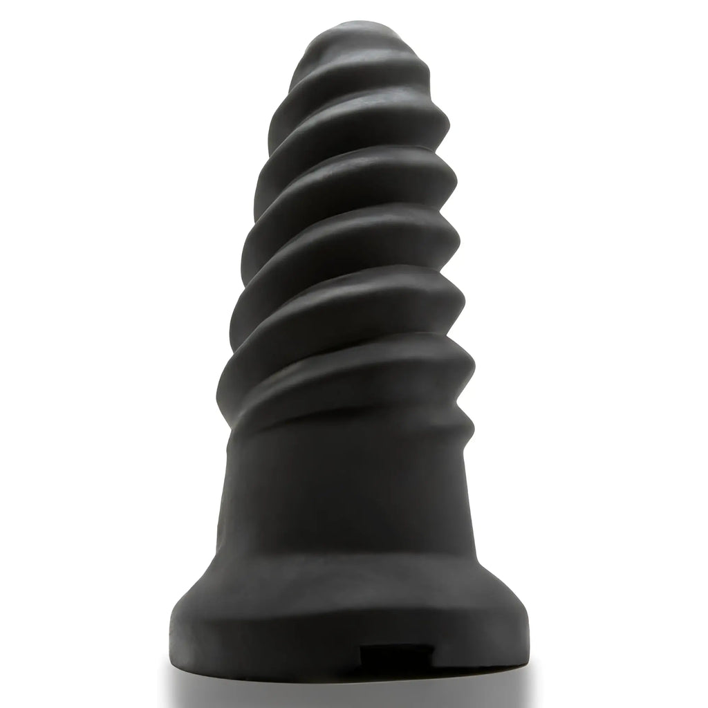 Black spiral-textured silicone anal plug with flared base from oxballs screwdhole screwd-in open tip masturbator night