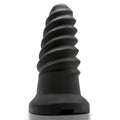 Black spiral-textured silicone anal plug with flared base from oxballs screwdhole screwd-in open tip masturbator night