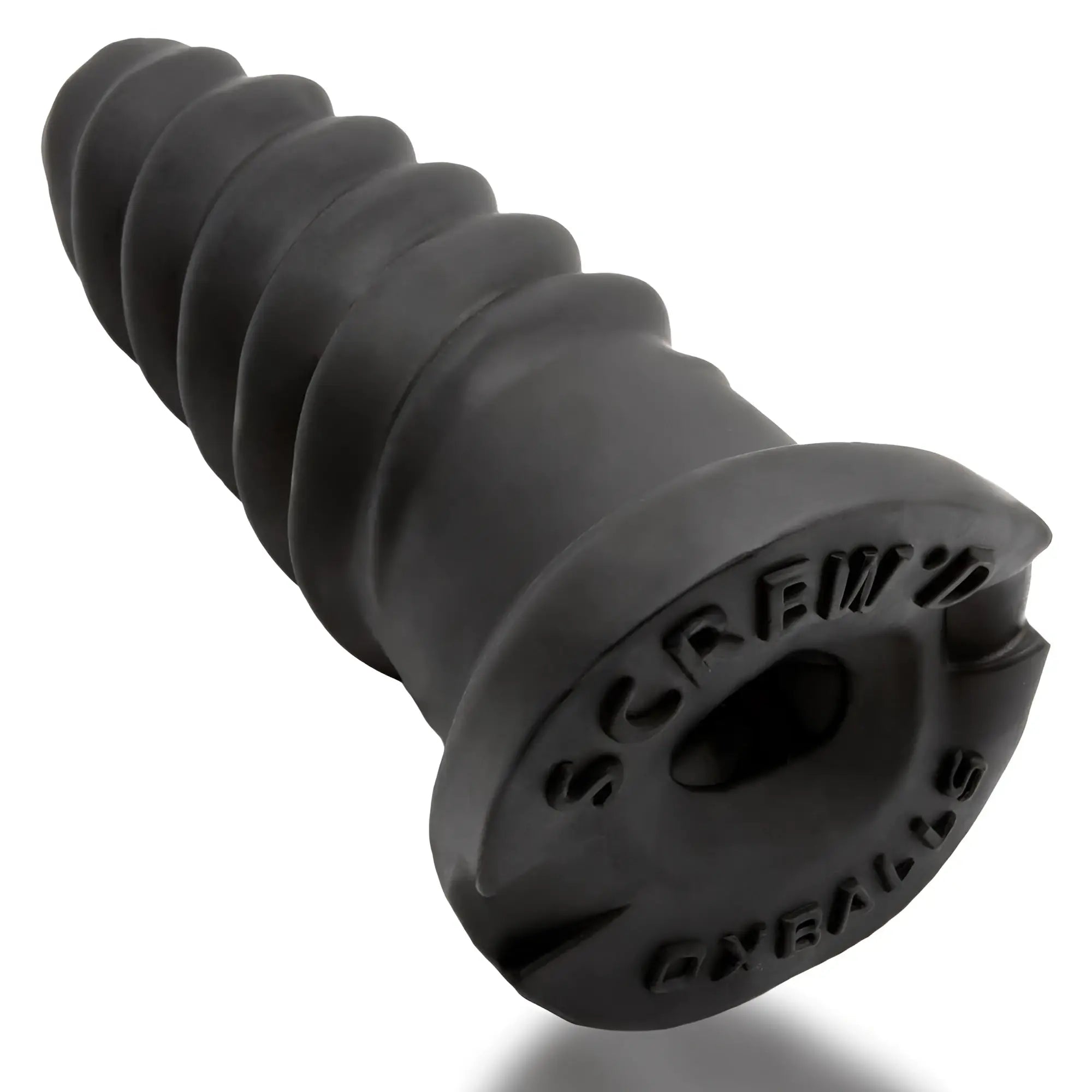 Black textured screw-shaped oxballs screwdhole screwd-in open tip masturbator with embossed screwman branding
