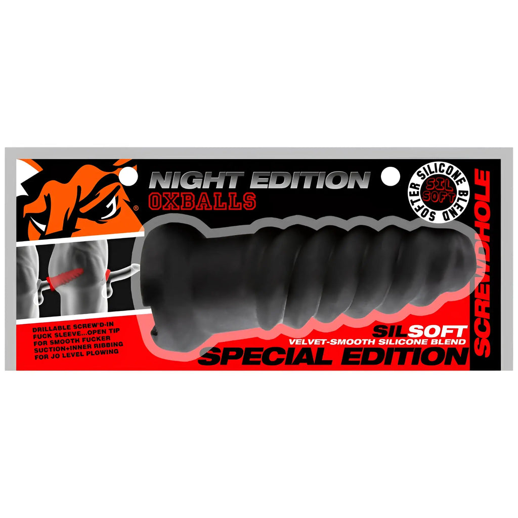 Black textured silicone screwdriver-shaped masturbator with ribbed design and open tip oxballs screwdhole screwd-in night