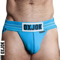 Bright blue oxballs slingjock upthrust slider-strap jock briefs with a white label and black lettering in size l
