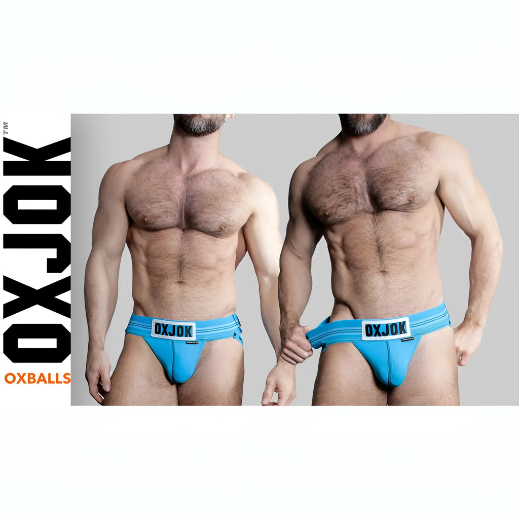 Bright blue OxBalls Slingjock Upthrust Slider-Strap jockstrap with white label and black lettering in XL size