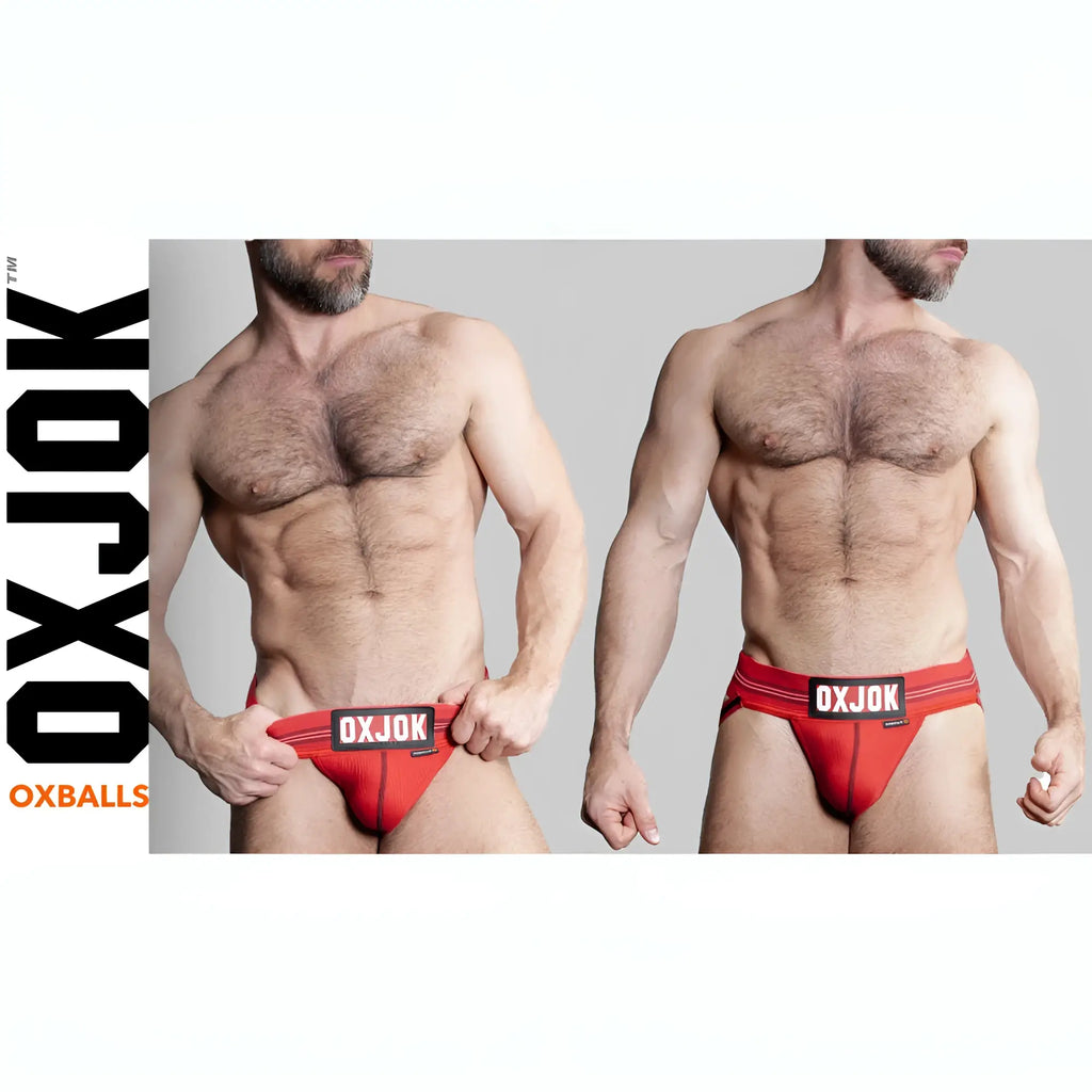 Red oxjok branded briefs with a black waistband featuring white lettering from oxballs slingjock upthrust slider strap collection