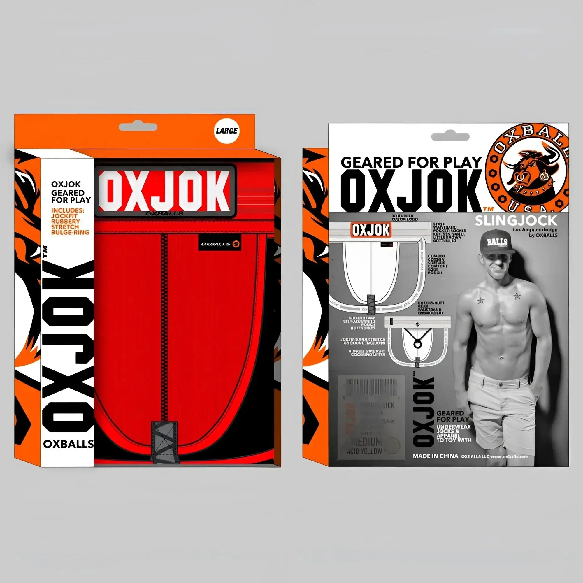 OxBalls Slingjock Upthrust Slider-Strap jockstrap in red hot with stretchy rubber and central zipper closure