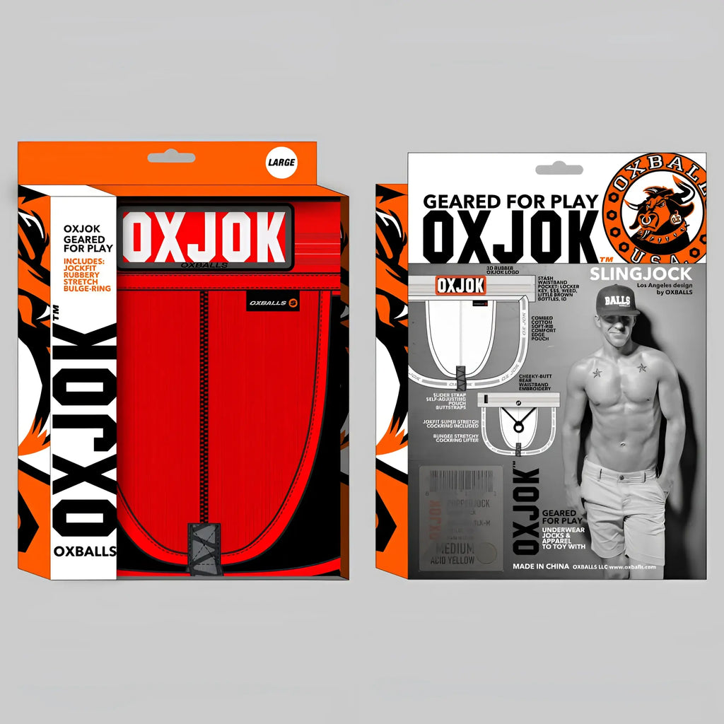 Red oxballs slingjock upthrust slider-strap jockstrap in vibrant orange black package with stretchy rubber and zipper closure