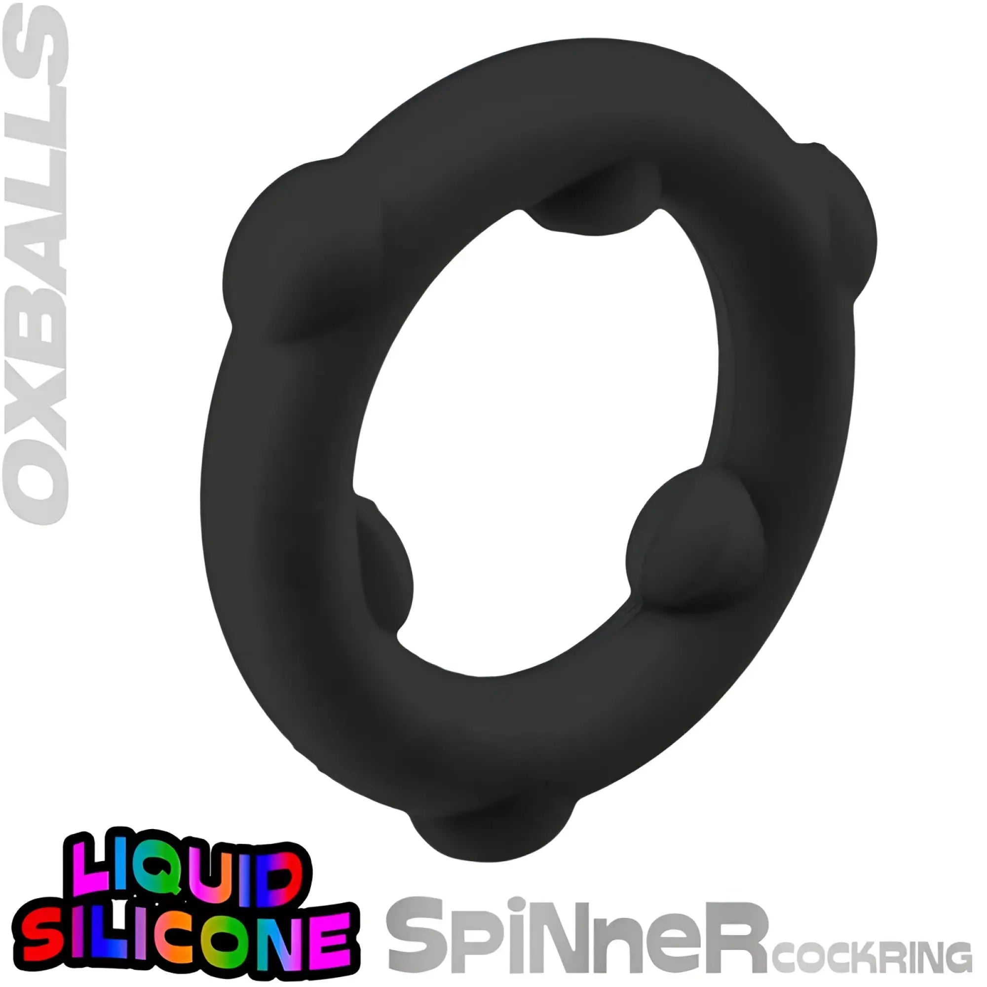 Black oxballs spinner silicone cockring with rounded bulbous protrusions for enhanced stimulation